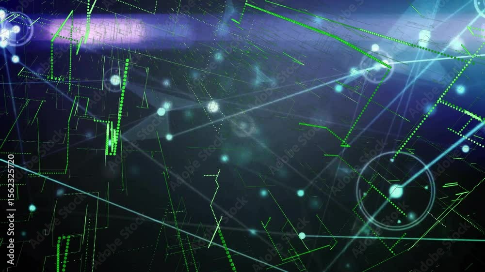 Poster gradient background appearing with glowing nodes initiating lines linking nodes showing green flow