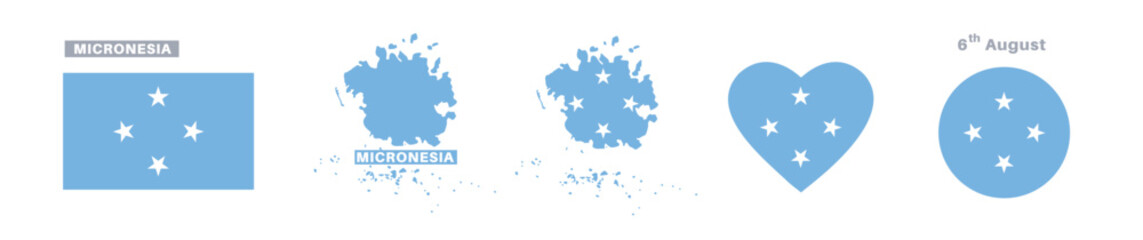 micronesia flag and map set. micronesia flag in official colors and proportions. independence day 6 august, map, circle and heart shaped micronesia 