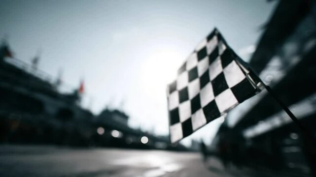 close up of black and white checked flag in foreground blurred race track in background sunny day blue sky