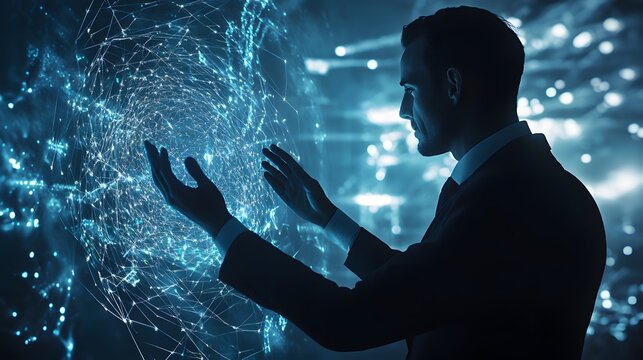 Digital illustration of a silhouetted man interacting with a complex network of glowing lines and dots.