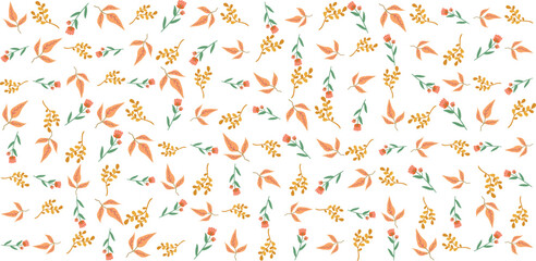 Seamless floral pattern with a subtle textile-inspired texture, combining soft botanical elements with a natural woven feel. Features hand-drawn flowers and organic leaves arranged