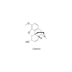 Codeine skeletal structure. Opioid Analgesic compound schematic illustration. Simple diagram, chemical formula.