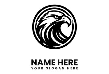 Stylized eagle head encircled, rendered in black and white, with text placeholders for a name and slogan.