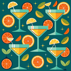 Cocktail glasses and citrus slices repeating layout