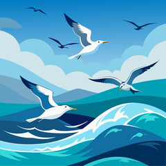 seagulls flying in the sea