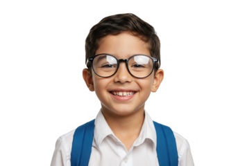 Smiling boy with glasses and backpack isolated on transparent background