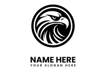Powerful eagle head logo design, black and white, circular emblem, ideal for branding.