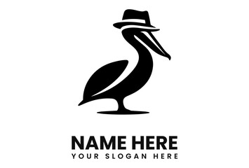 Stylish pelican logo design, wearing a fedora hat,  perfect for a brand or company.