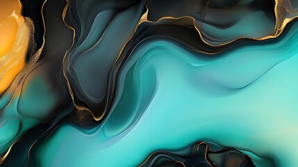 Abstract fluid art background with teal, gold, and black swirls for modern design