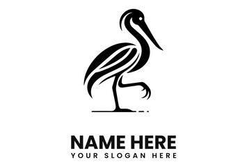 Stylized black and white illustration of a heron or stork standing on one leg.