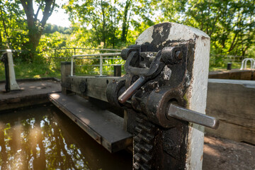 Sluice gate ratchet on a lock on the Coventry canal at Athersone, Warwickshire