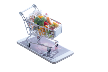 Mini shopping cart with groceries on smartphone screen. Concept of online shopping, e commerce, and mobile technology.