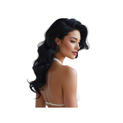 Fototapeta premium Beautiful Woman with Long Black Hair in White Halter Top