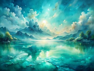 A stunning tropical island bathed in summer sunlight, where the blue sky meets the ocean horizon with reflections of white clouds