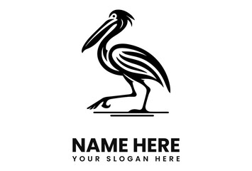 Stylized black and white pelican logo design, poised on a small base, ready for branding.