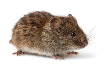 A brown vole with dark eyes sits on a white surface looking right