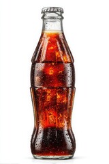 Close-up of a classic glass soda bottle filled with dark carbonated beverage and ice cubes, condensation droplets on the surface, on a white background