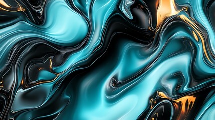 Abstract turquoise and gold fluid art background with dynamic swirls and textures