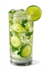 Refreshing cucumber lime mint infused sparkling water in a clear glass with ice and slices of lime and cucumber for cooling summer beverage or healthy hydration option