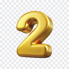 3D Gold Number 2 Icon | Premium Numeric Digit, Countdown Element, Elegant Golden Symbol