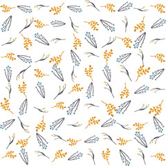 Seamless floral pattern with a subtle textile-inspired texture, combining soft botanical elements with a natural woven feel. Features hand-drawn flowers and organic leaves arranged