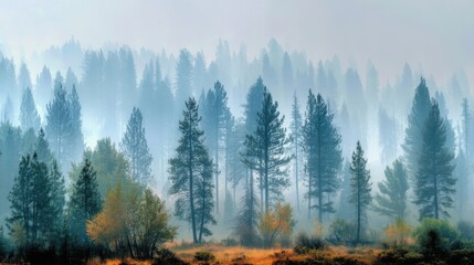 Hazy sky over a forest burn captured through layers of smoky air
