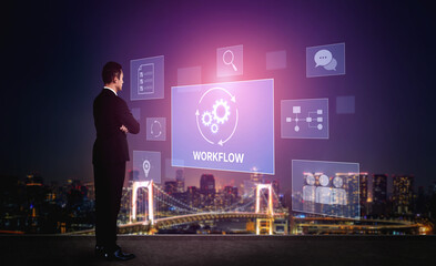 Workflow optimization concept featuring interconnected gears, task management, collaboration,...