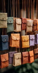 Fototapeta premium Handcrafted leather pouches displayed at an outdoor artisan market for sustainable fashion and travel accessory retail