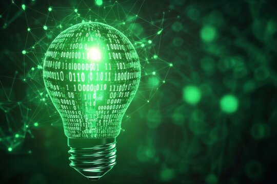 Digital lightbulb glowing with binary numbers