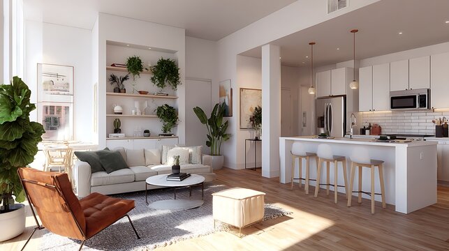 A modern co-living space with clean white interiors, built-in shelves, houseplants, shared kitchen, and minimalist furniture