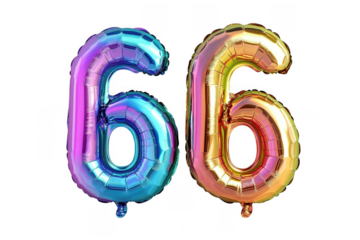 Two iridescent foil balloons forming the number sixty six on a black background