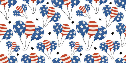 USA patriotic balloons seamless pattern with stars and stripes — festive vector background with red, white, and blue balloons inspired by the American flag. Includes stars, stripes.