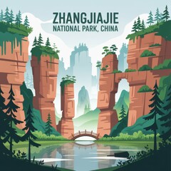 Zhangjiajie Rock Pillars and Bridge – Scenic China Print