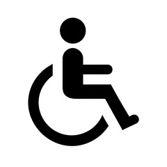 Black outline vector icon of a person in a wheelchair, representing accessibility, mobility support, and inclusive restroom signage. Clean and simple design