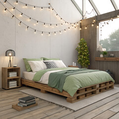 Cozy bedroom with a pallet bed, string lights, green bedding, and wooden decor