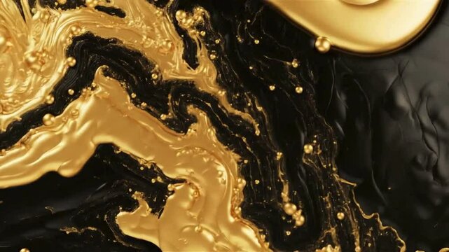 Luxurious 4K motion background of elegant gold and black fluid art. Macro detail of swirling metallic paint and ink for a high-end aesthetic.