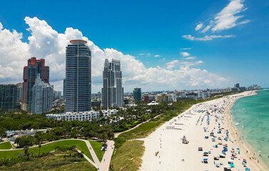 Miami Beach city from top. South Beach from above. Drone of coastline scene. Shore of Miami with...