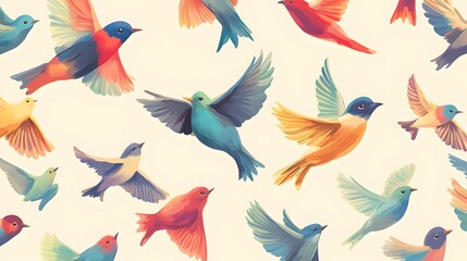 Obraz premium Digital illustration of colorful birds in flight, creating a whimsical and repeating pattern.