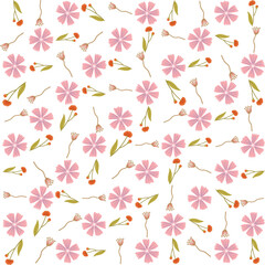 Seamless floral pattern with a subtle textile-inspired texture, combining soft botanical elements with a natural woven feel. Features hand-drawn flowers and organic leaves arranged