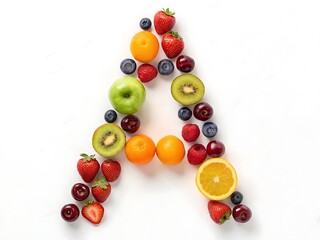 The letter a is formed from various fruits isolated on white background