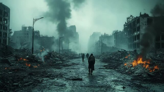 People walk through a destroyed city street with burning rubble and smoke, atmospheric style, dark cloudy background, concept of apocalypse survival