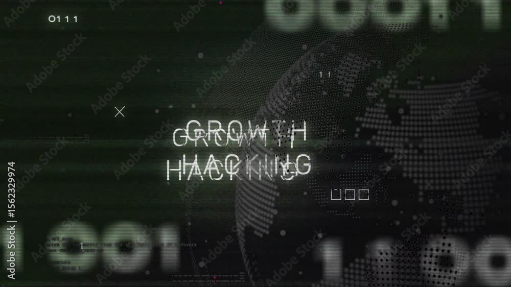 Poster fading in growth hacking text, glitching circuit surging globe spinning for data visualization