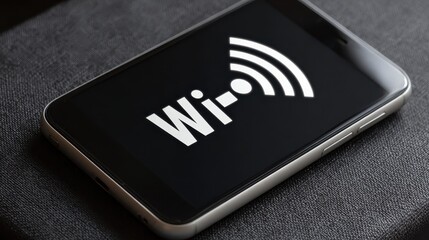 Top view of smartphone on desk searches a free wifi connection available. High angle view of smart phone with white wi-fi sign on top. Internet technology and networking concept., no logos, no brands