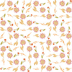 Seamless floral pattern with a subtle textile-inspired texture, combining soft botanical elements with a natural woven feel. Features hand-drawn flowers and organic leaves arranged