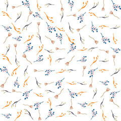 Seamless floral pattern with a subtle textile-inspired texture, combining soft botanical elements with a natural woven feel. Features hand-drawn flowers and organic leaves arranged