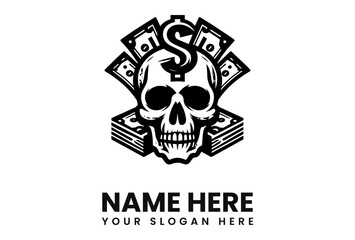Skull with a dollar sign on its head, surrounded by stacks of money.