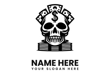 A stylized skull logo, adorned with stacks of cash and a dollar sign, symbolizes wealth and mortality.