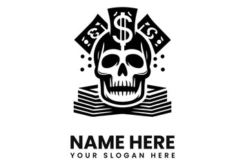 Skull with dollar sign and money stacks, possibly for a logo or graphic design.