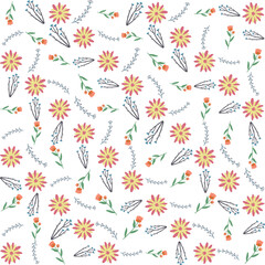Seamless floral pattern with a subtle textile-inspired texture, combining soft botanical elements with a natural woven feel. Features hand-drawn flowers and organic leaves arranged