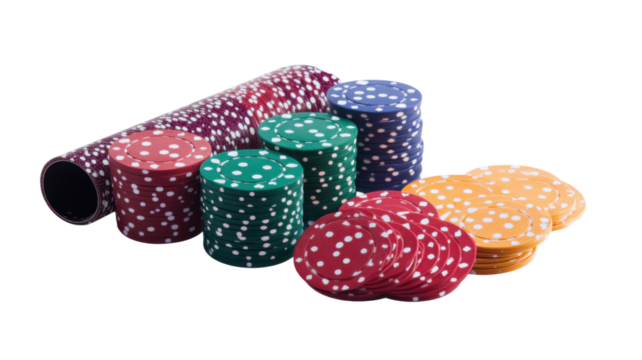 Vibrant Casino Scene Featuring Colorful Poker Elements and Chips on White Background